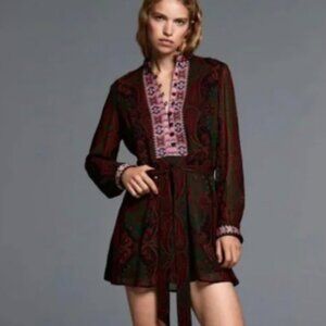 Zara Whimsigoth Artsy Fairy Boho Western Artsy Jacguard Trim Sheer Mini Dress XS